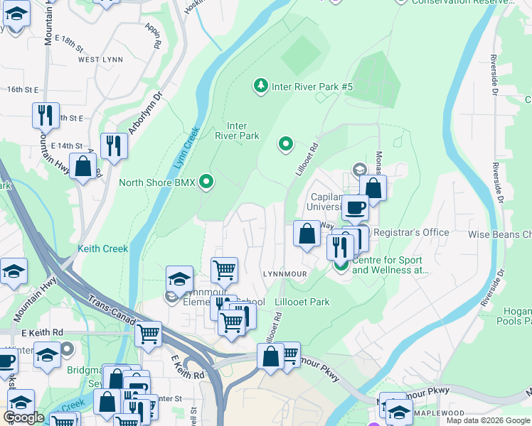 map of restaurants, bars, coffee shops, grocery stores, and more near 1053 Old Lillooet Road in North Vancouver
