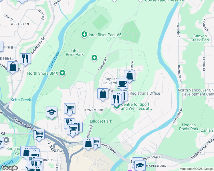 map of restaurants, bars, coffee shops, grocery stores, and more near 1976 Purcell Way in North Vancouver