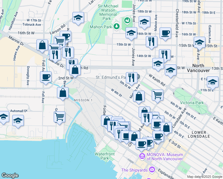 map of restaurants, bars, coffee shops, grocery stores, and more near 369 4th Street West in North Vancouver