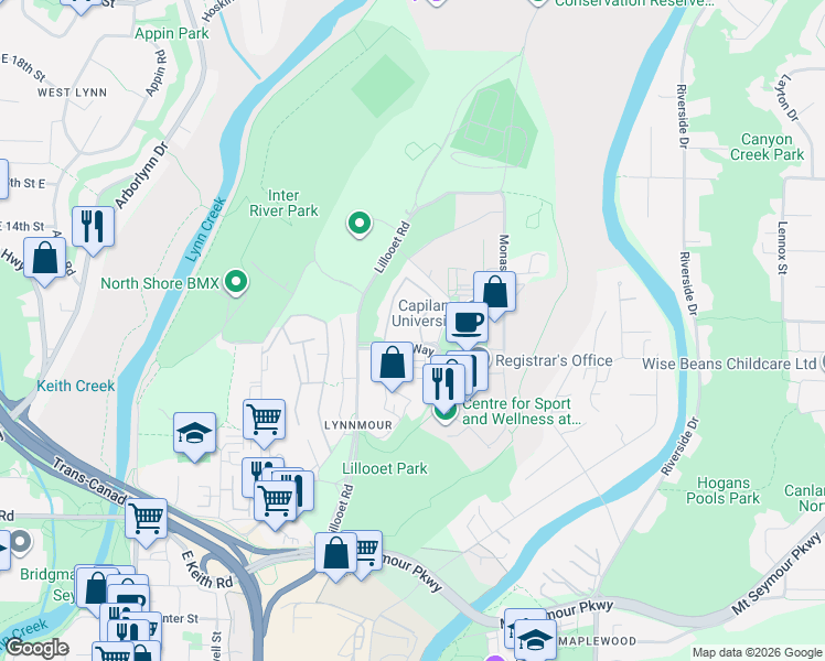 map of restaurants, bars, coffee shops, grocery stores, and more near 1996 Purcell Way in North Vancouver