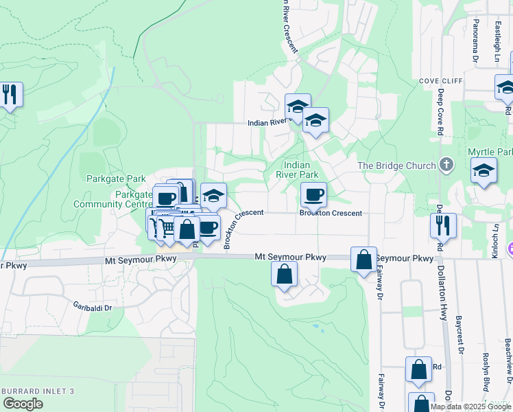 map of restaurants, bars, coffee shops, grocery stores, and more near 3866 Brockton Crescent in North Vancouver