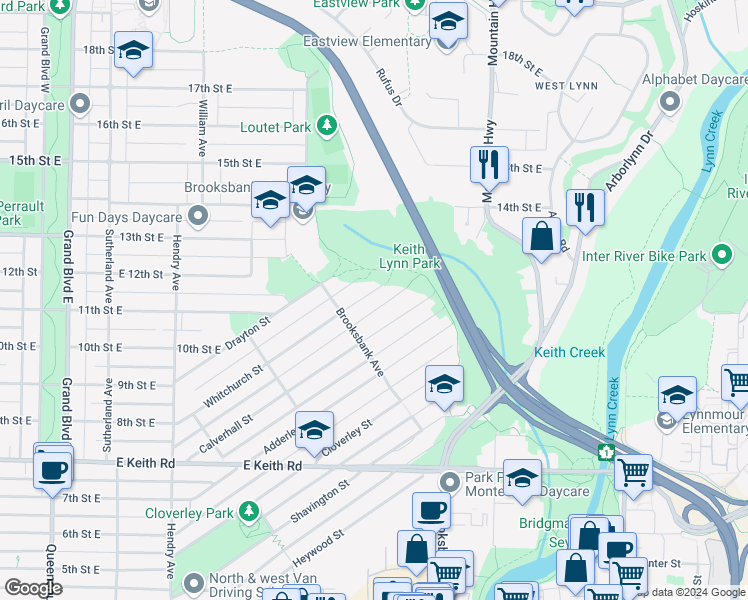 map of restaurants, bars, coffee shops, grocery stores, and more near 1043 Whitchurch Street in North Vancouver