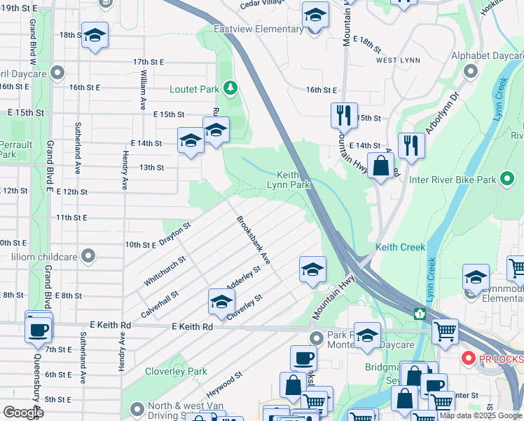 map of restaurants, bars, coffee shops, grocery stores, and more near 1043 Whitchurch Street in North Vancouver