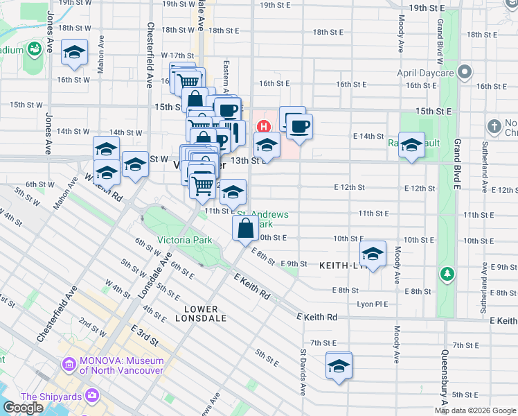 map of restaurants, bars, coffee shops, grocery stores, and more near in North Vancouver