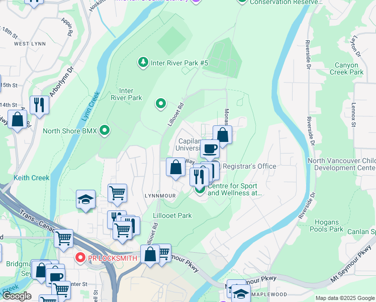 map of restaurants, bars, coffee shops, grocery stores, and more near 1998 Purcell Way in North Vancouver