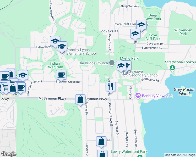 map of restaurants, bars, coffee shops, grocery stores, and more near 4125 Russell Court in North Vancouver