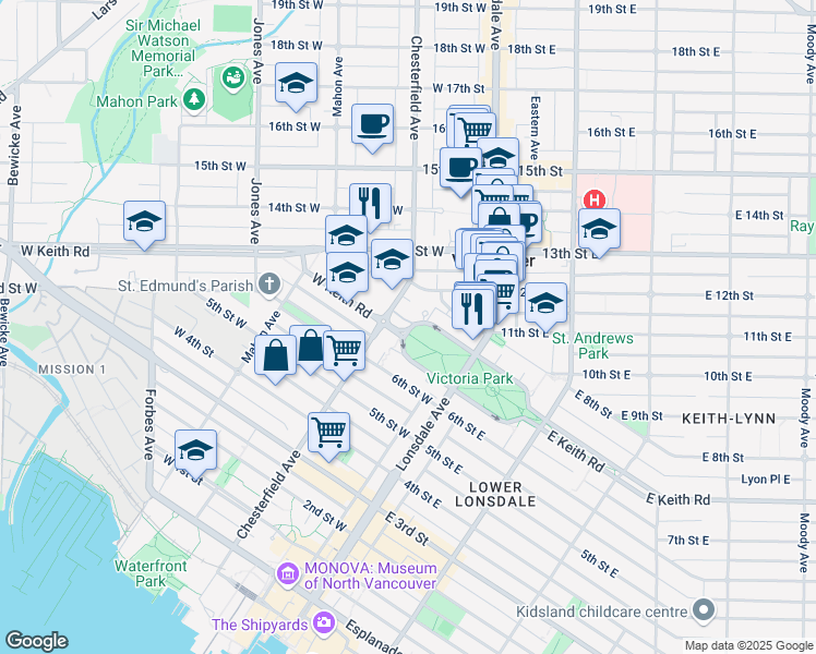 map of restaurants, bars, coffee shops, grocery stores, and more near 701 West Victoria Park Road in North Vancouver