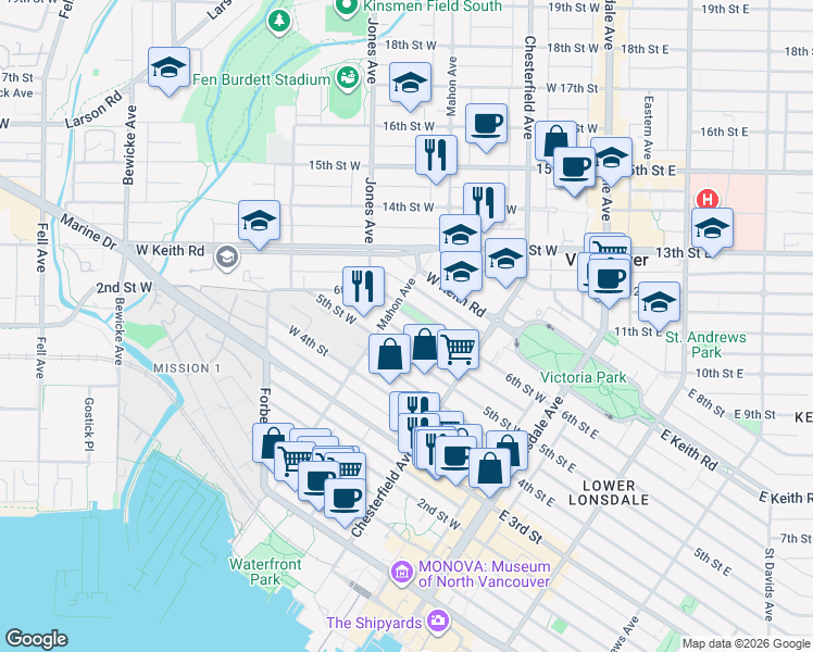 map of restaurants, bars, coffee shops, grocery stores, and more near 265 6th Street West in North Vancouver