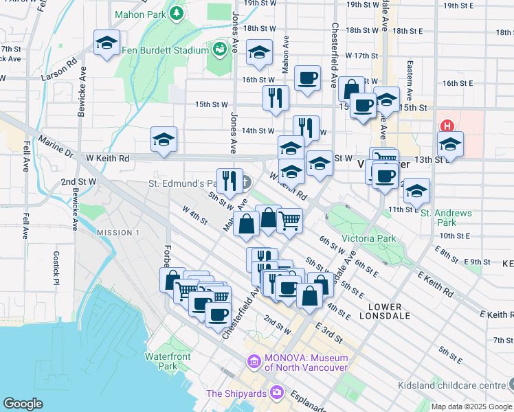 map of restaurants, bars, coffee shops, grocery stores, and more near 265 6th Street West in North Vancouver