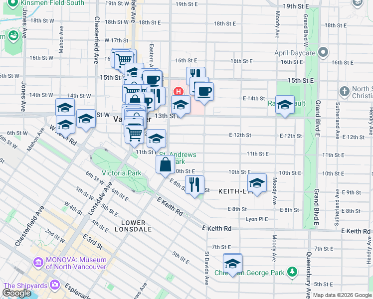 map of restaurants, bars, coffee shops, grocery stores, and more near 232 11th Street East in North Vancouver