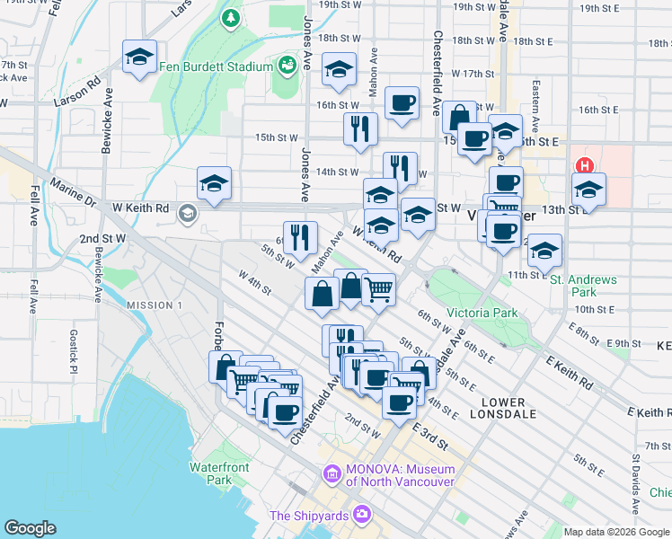 map of restaurants, bars, coffee shops, grocery stores, and more near 265 6th Street West in North Vancouver