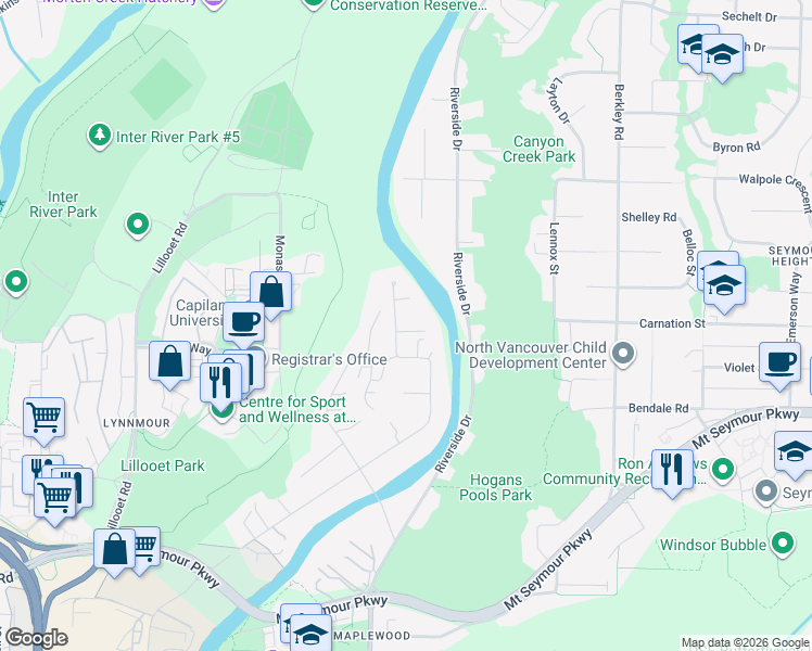 map of restaurants, bars, coffee shops, grocery stores, and more near 1200 Hilary Place in North Vancouver