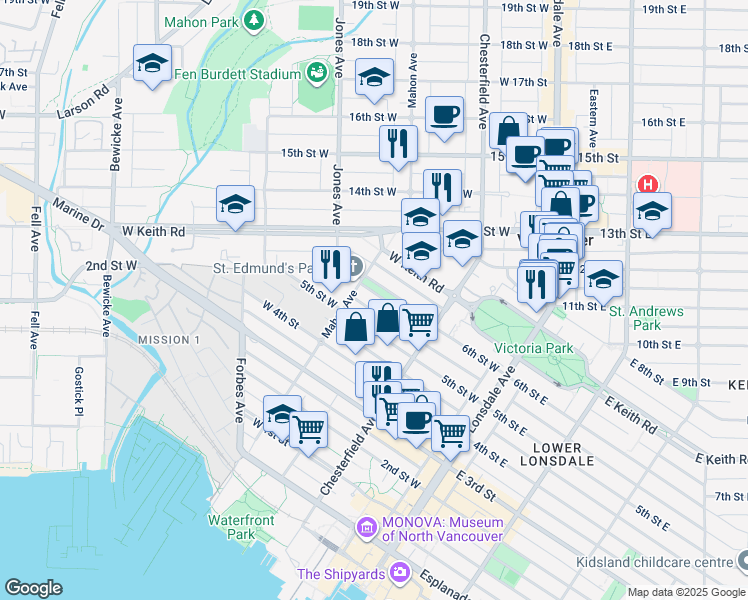 map of restaurants, bars, coffee shops, grocery stores, and more near 261 6th Street West in North Vancouver