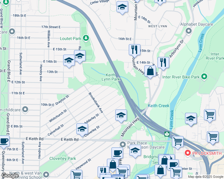 map of restaurants, bars, coffee shops, grocery stores, and more near 1082 Calverhall Street in North Vancouver