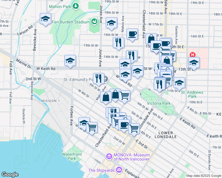map of restaurants, bars, coffee shops, grocery stores, and more near 263 6th Street West in North Vancouver