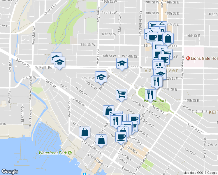 map of restaurants, bars, coffee shops, grocery stores, and more near 261 6th Street West in North Vancouver