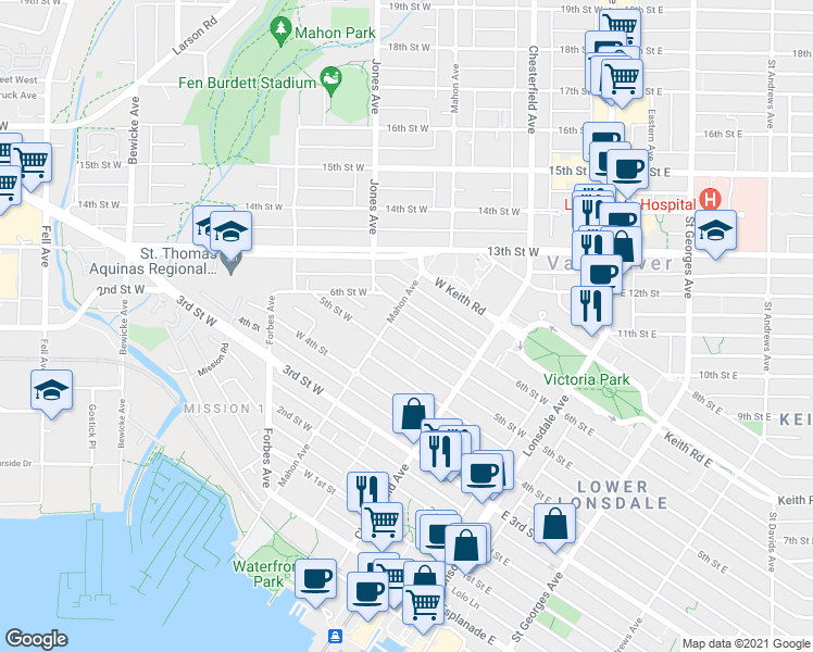 map of restaurants, bars, coffee shops, grocery stores, and more near 269 6th Street West in North Vancouver