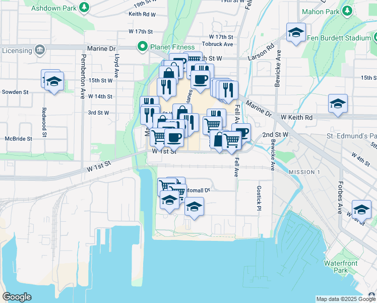 map of restaurants, bars, coffee shops, grocery stores, and more near 910 West 1st Street in North Vancouver