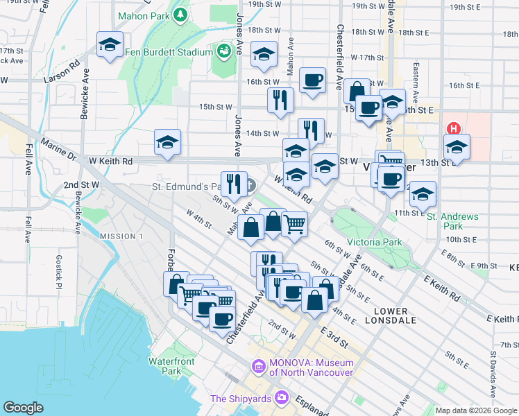 map of restaurants, bars, coffee shops, grocery stores, and more near 269 6th Street West in North Vancouver