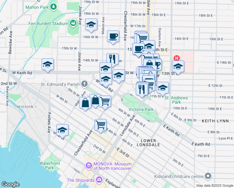 map of restaurants, bars, coffee shops, grocery stores, and more near in North Vancouver