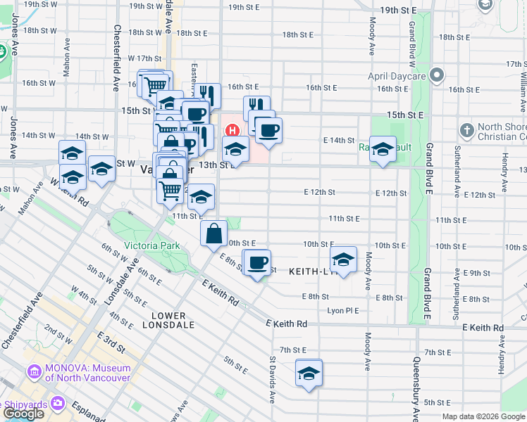 map of restaurants, bars, coffee shops, grocery stores, and more near 1117 Saint Andrews Avenue in North Vancouver
