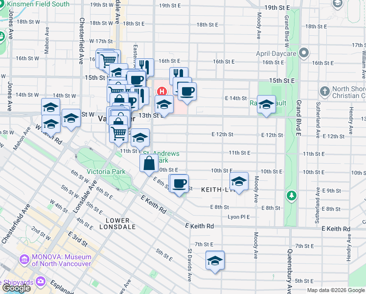 map of restaurants, bars, coffee shops, grocery stores, and more near 1127 Saint Andrews Avenue in North Vancouver