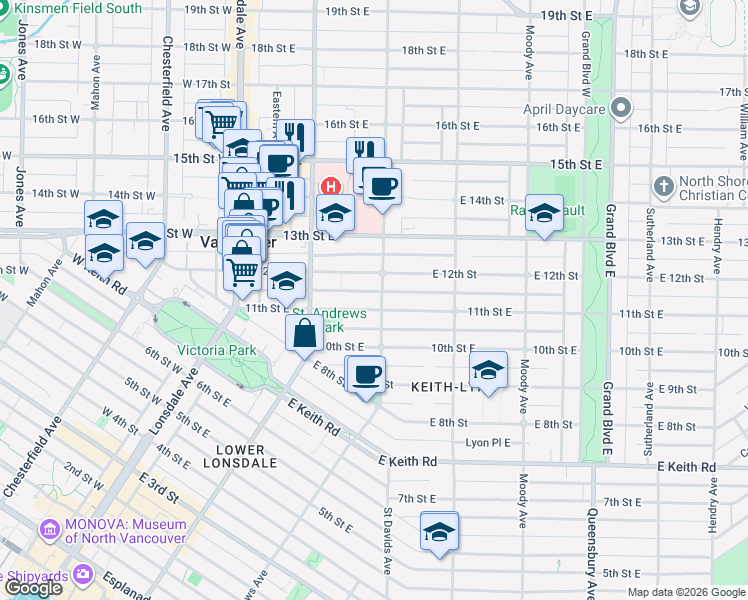 map of restaurants, bars, coffee shops, grocery stores, and more near 1117 Saint Andrews Avenue in North Vancouver