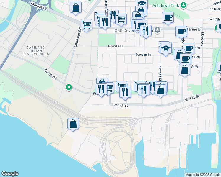 map of restaurants, bars, coffee shops, grocery stores, and more near 1150 Silverwood Crescent in North Vancouver