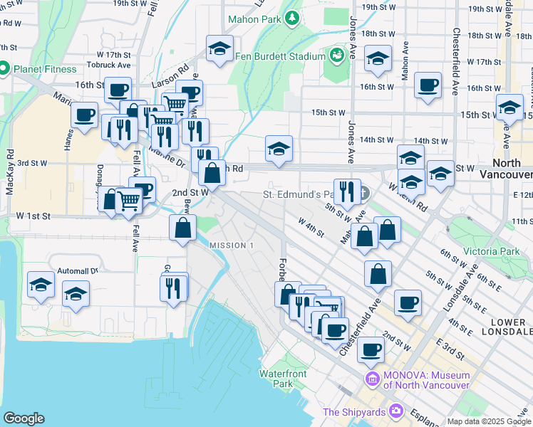 map of restaurants, bars, coffee shops, grocery stores, and more near 418 4th Street in North Vancouver