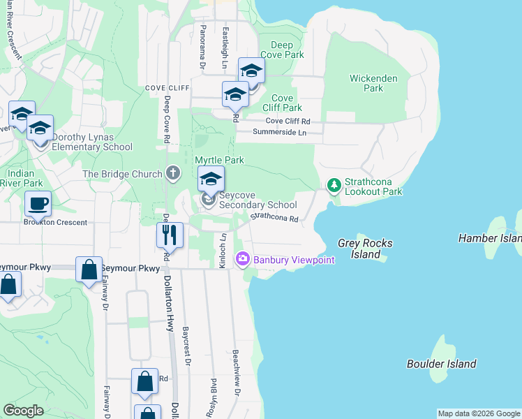 map of restaurants, bars, coffee shops, grocery stores, and more near 4462 Strathcona Road in North Vancouver