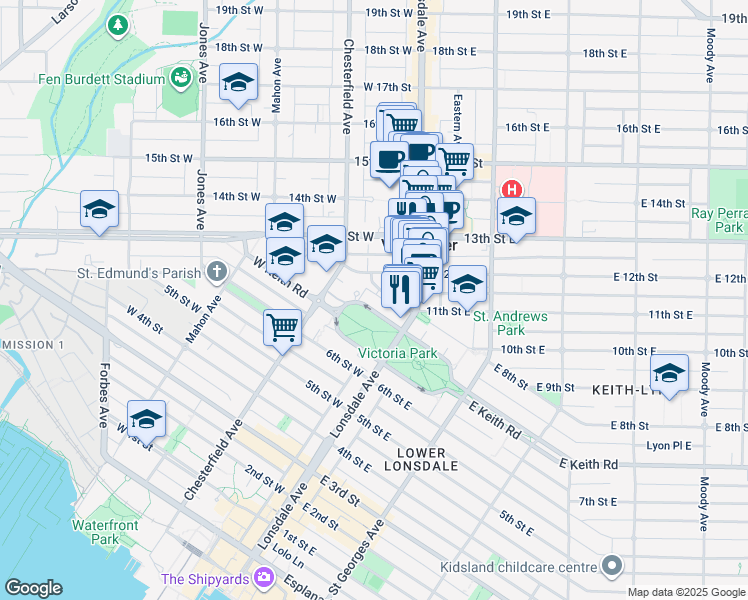 map of restaurants, bars, coffee shops, grocery stores, and more near 130 West Keith Road in North Vancouver
