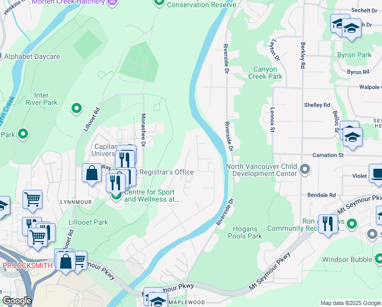 map of restaurants, bars, coffee shops, grocery stores, and more near 1135 Heritage Boulevard in North Vancouver