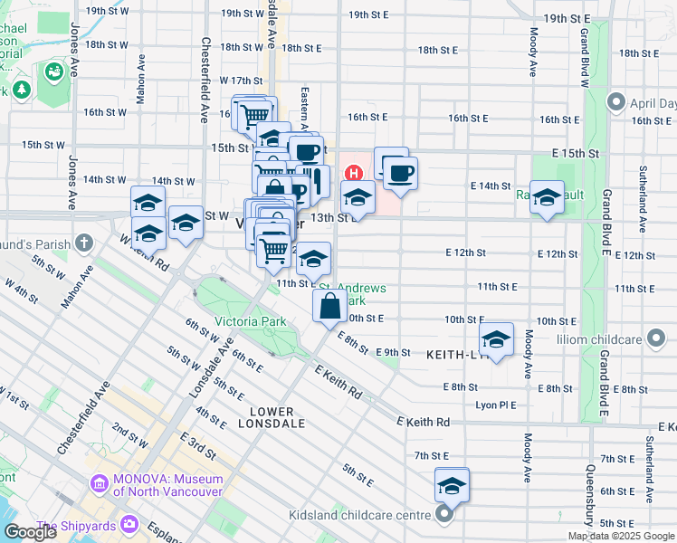 map of restaurants, bars, coffee shops, grocery stores, and more near 1112 Saint Georges Avenue in North Vancouver