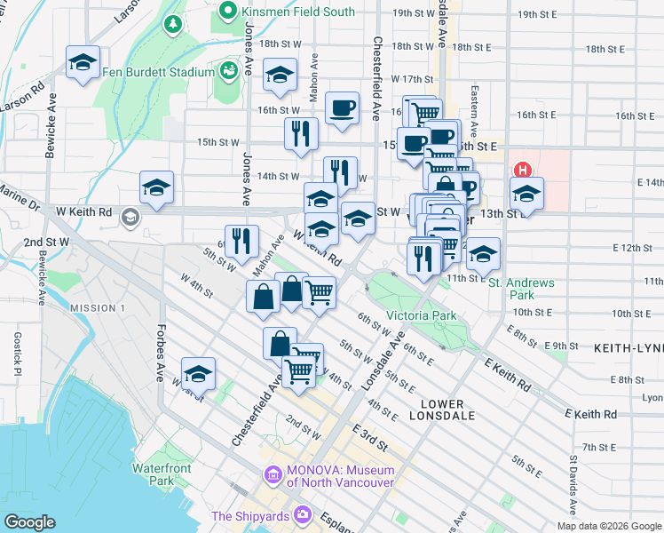 map of restaurants, bars, coffee shops, grocery stores, and more near 219 West Keith Road in North Vancouver