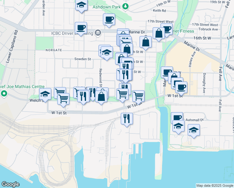map of restaurants, bars, coffee shops, grocery stores, and more near 1184 Pinewood Crescent in North Vancouver