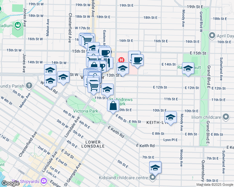 map of restaurants, bars, coffee shops, grocery stores, and more near 1112 Saint Georges Avenue in North Vancouver