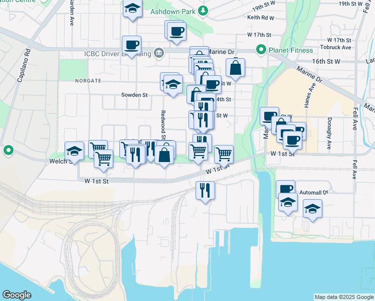 map of restaurants, bars, coffee shops, grocery stores, and more near 1184 Pinewood Crescent in North Vancouver
