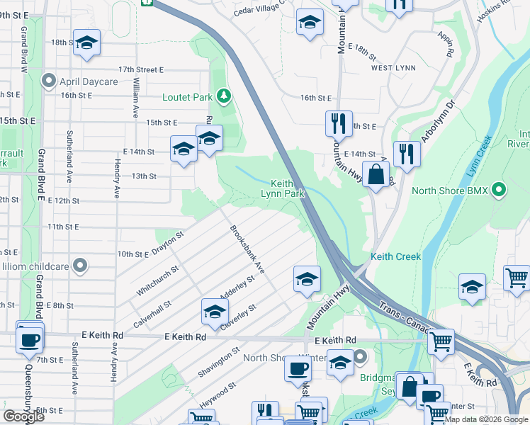map of restaurants, bars, coffee shops, grocery stores, and more near 1063 Whitchurch Street in North Vancouver