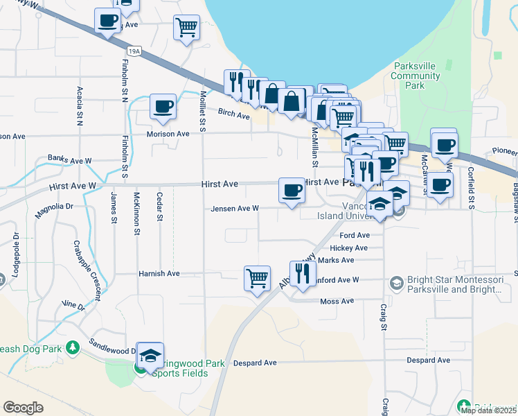 map of restaurants, bars, coffee shops, grocery stores, and more near 295 Jensen Avenue West in Parksville