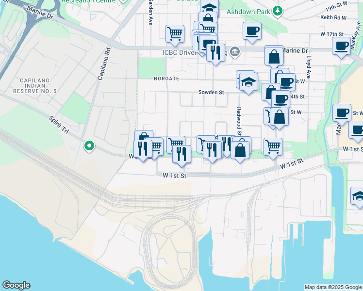 map of restaurants, bars, coffee shops, grocery stores, and more near 1132 Maplewood Crescent in North Vancouver