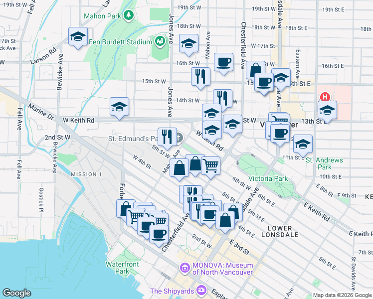 map of restaurants, bars, coffee shops, grocery stores, and more near 261 6th Street West in North Vancouver
