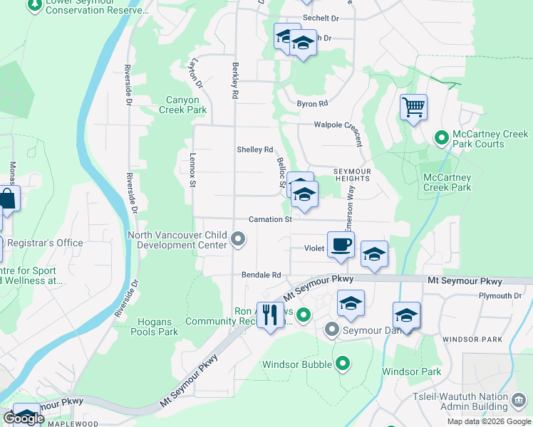 map of restaurants, bars, coffee shops, grocery stores, and more near 2568 Carnation Street in North Vancouver