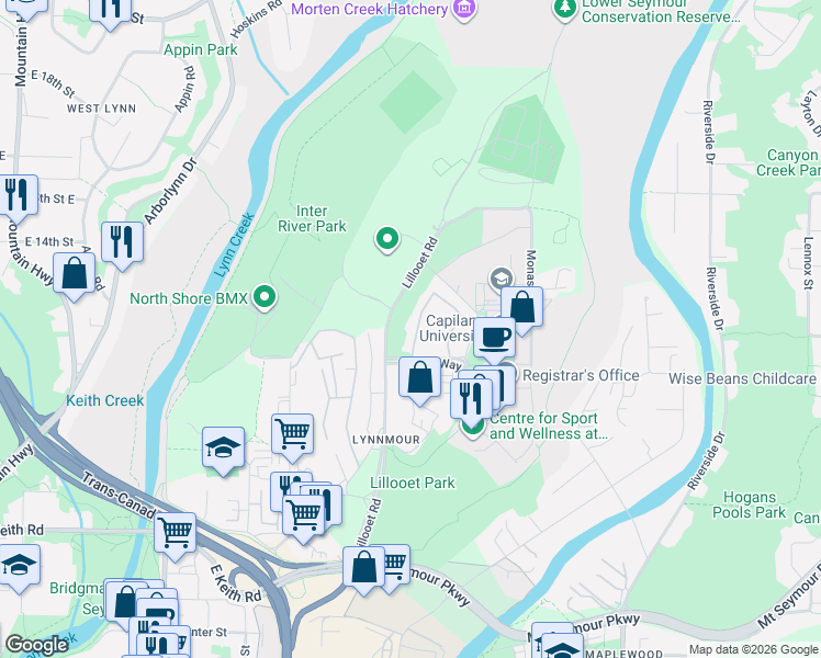 map of restaurants, bars, coffee shops, grocery stores, and more near 1840 Purcell Way in North Vancouver
