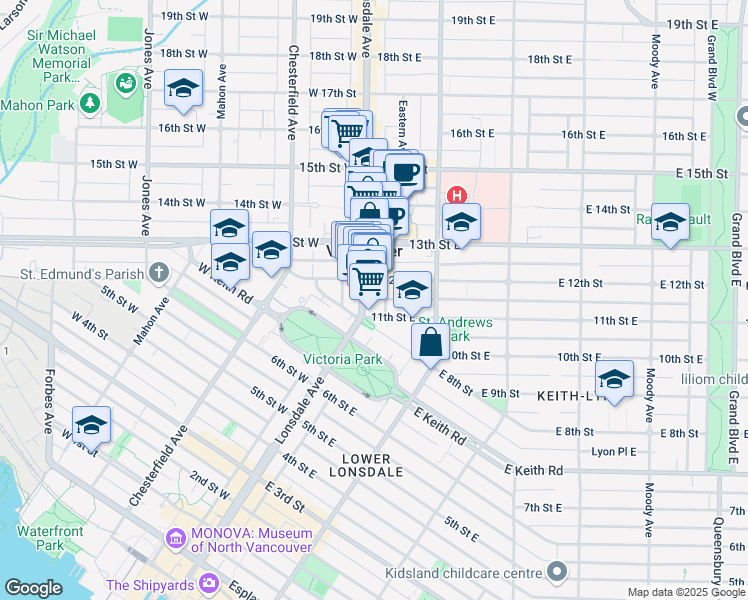 map of restaurants, bars, coffee shops, grocery stores, and more near 107 East 12th Street in North Vancouver