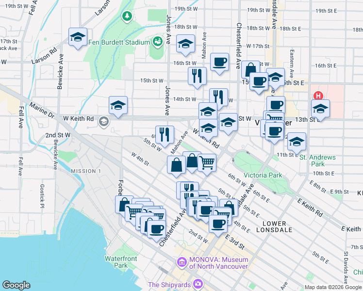 map of restaurants, bars, coffee shops, grocery stores, and more near 265 6th Street West in North Vancouver