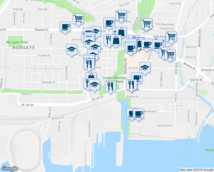 map of restaurants, bars, coffee shops, grocery stores, and more near 310 Lloyd Avenue in North Vancouver