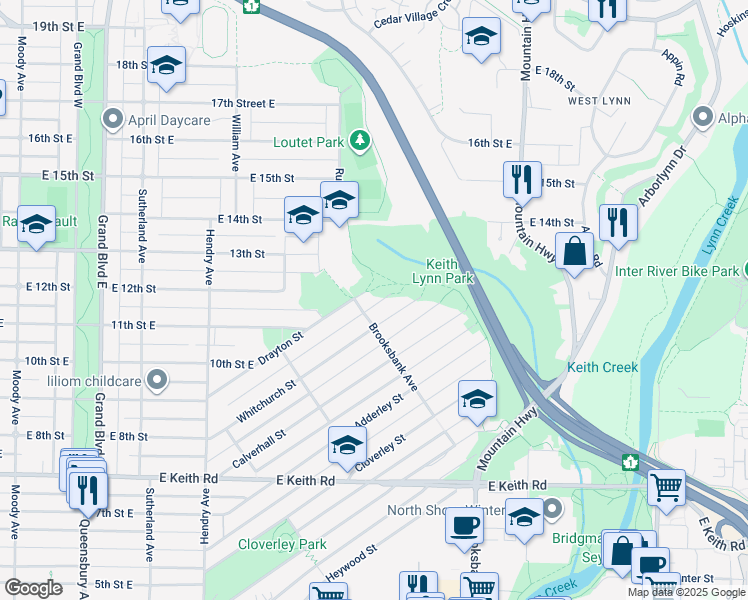 map of restaurants, bars, coffee shops, grocery stores, and more near 1033 Drayton Street in North Vancouver
