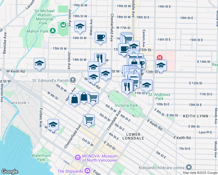 map of restaurants, bars, coffee shops, grocery stores, and more near 701 West Victoria Park in North Vancouver