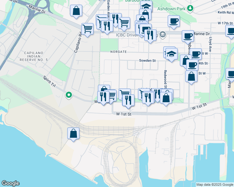 map of restaurants, bars, coffee shops, grocery stores, and more near 1155 Tatlow Avenue in North Vancouver