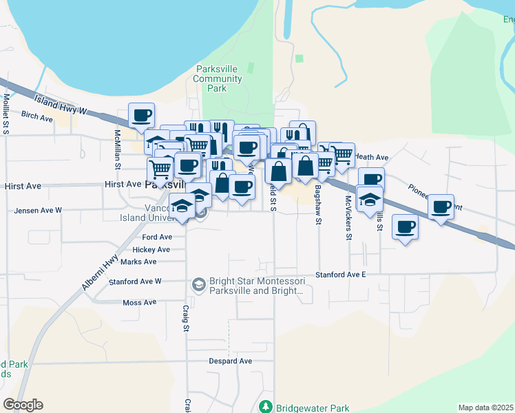 map of restaurants, bars, coffee shops, grocery stores, and more near 205 Jensen Avenue East in Parksville